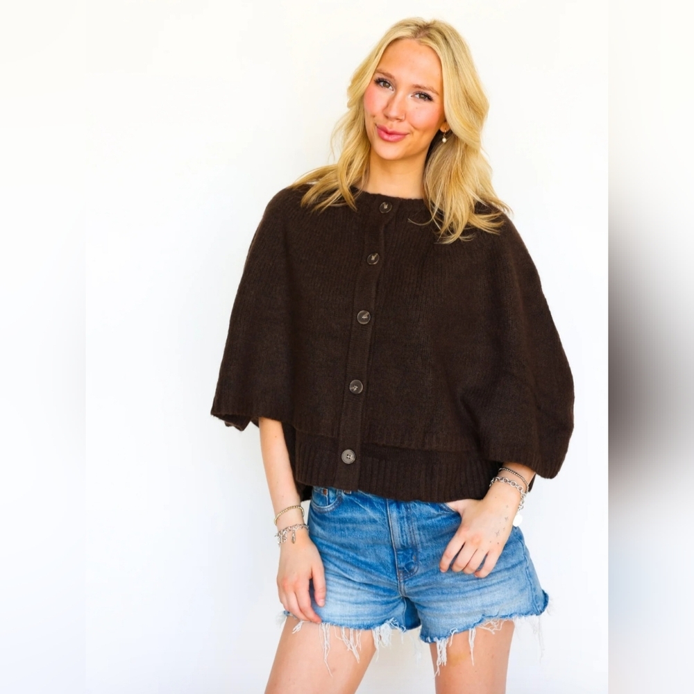Dark Brown Button-Up Cape-Style Poncho Cardigan